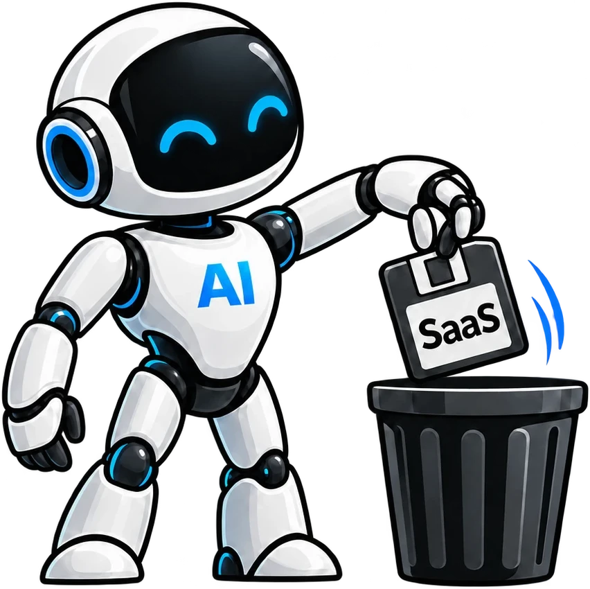 Al, the KillSaaS AI robot, dropping an outdated SaaS floppy disk into a trash can