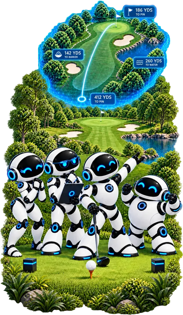 KillSaaS robots on the tee under a 3D GPS map of the hole showing 412 yards to the pin, 142 to the bunker, 260 to the water and 186 to the pin from the fairway.