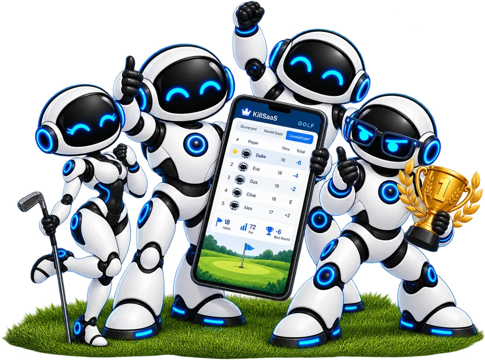 KillSaaS robots celebrating around a phone showing the live golf leaderboard, one holding a first-place trophy.