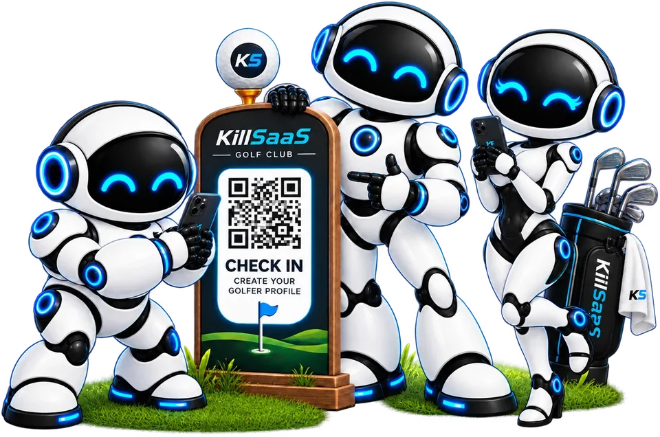 KillSaaS robots scanning a check-in sign with a QR code that reads: Check in, create your golfer profile.