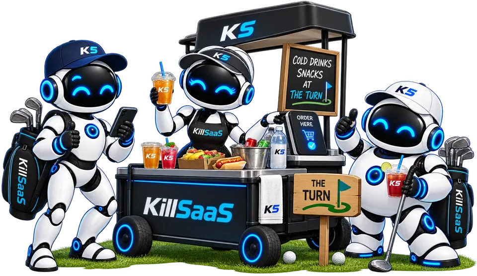 KillSaaS robots at a drinks and snacks cart labeled The Turn, with an order screen.