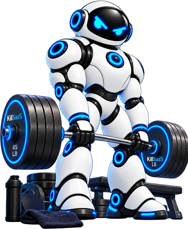A determined KillSaaS robot deadlifting a barbell loaded with KillSaaS plates.