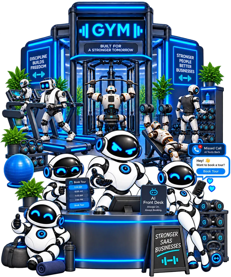 KillSaaS robots running the front desk of a neon-lit gym, booking tours and texting back a missed call, while robot members train on treadmills, a cable machine and free weights under signs reading Discipline Builds Freedom and Stronger People, Better Businesses.