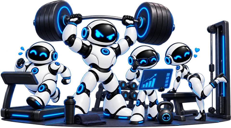 KillSaaS robots working out together: one lifting a heavy barbell, one on a treadmill, one checking a growth chart on a tablet and one at a cable machine.