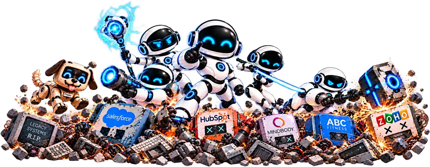 KillSaaS robots and their robot dog smashing crates of old software, Salesforce, HubSpot, Mindbody, ABC Fitness, Zoho and legacy systems, into a pile of rubble.